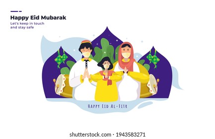 Feliz Eid Mubarak, ilustración de saludos con familias musulmanas usando máscaras de salud