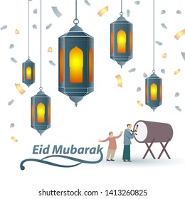 Happy Eid Mubarak illustration. Eid Mubarak islamic design traditional lantern, template islamic ornate greeting card vector 