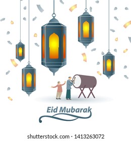 Happy Eid Mubarak illustration. Eid Mubarak islamic design traditional lantern, template islamic ornate greeting card vector 