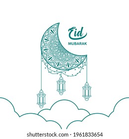 happy eid mubarak. illustration of a moon with ornament in a background.