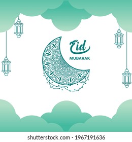happy eid mubarak. illustration of a moon with ornament, cloud sky, and lantern.
