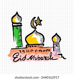 Happy Eid Mubarak, illustration of a mosque doodle vector