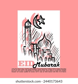 Happy Eid Mubarak, illustration of a mosque doodle vector