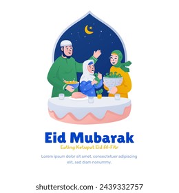 Happy Eid mubarak, Illustration of muslim family preparing eid food, Ketupat feast for Eid tradition, Islamic greeting post