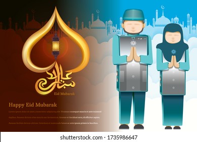 Happy Eid Mubarak. Islamic banner background. Young men and women, people pray for salvation in a mobile isometric form - Text translation: Blessed festival