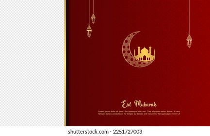 Feliz eid mubarak, tarjeta de saludo islámica color rojo fondo de diseño con decoración islámica moderna