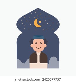 happy eid mubarak with kid character illustration simple concept cute cartoon muslim