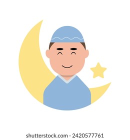 happy eid mubarak with kid character illustration simple concept cute cartoon muslim
