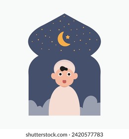 happy eid mubarak with kid character illustration simple concept cute cartoon muslim
