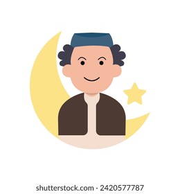 happy eid mubarak with kid character illustration simple concept cute cartoon muslim