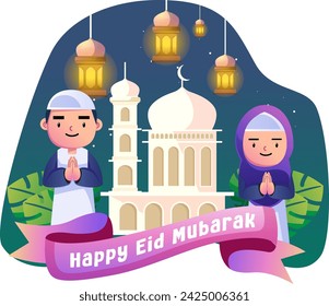 Feliz eid mubarak niños ilustración