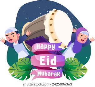 Happy eid mubarak kids illustration