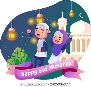 Feliz eid mubarak niños ilustración