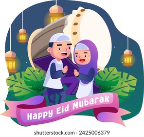Feliz eid mubarak niños ilustración