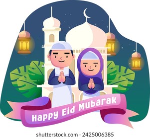 Happy eid mubarak kids illustration