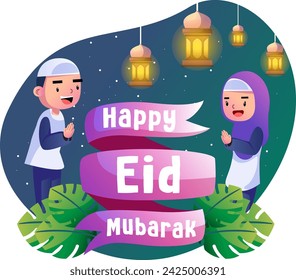 Feliz eid mubarak niños ilustración