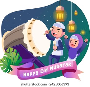 Feliz eid mubarak niños ilustración