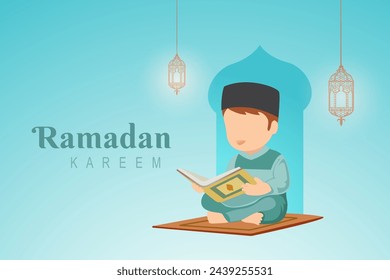 Happy Eid Mubarak with kids reading The Quran illustration. Flat eid al-fitr. Islamic kids Book Illustration, Landing page templates, Banners, Card Invitation, Social media.