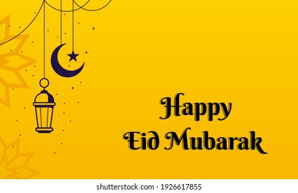 Happy eid mubarak lettering with lamp and moon background vector