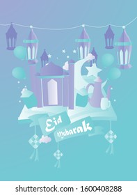 happy eid mubarak is mean muslim event or holiday with sheep or lamb illustration, vector beautiful greeting card or gift card with eps 10 format.