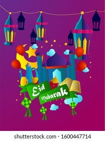 happy eid mubarak is mean muslim event or holiday with sheep or lamb illustration, vector beautiful greeting card or gift card with eps 10 format.