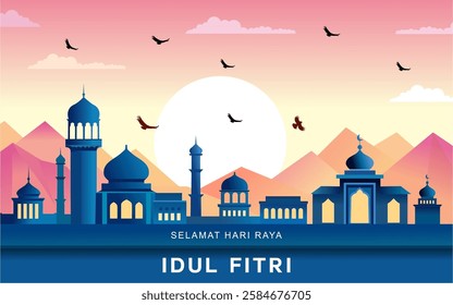 Happy Eid Mubarak Meaning : Happy Eid Mubarak. Eid Mubarak Template with silhouette of mosque and birds in the sky in the mountains Vector Illustration, Eid Al Fitr with Islamic Ornament