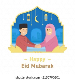 Happy eid mubarak minimalist vector poster with muslim people shaking hand. Eid mubarak means generous holy month of muslim festival.