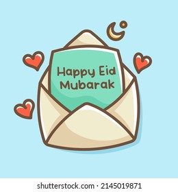 Happy Eid Mubarak Money Gift Card and Envelope Red Packet for Kids Asian Tradition Celebrate Eid al-Fitr cute illustration