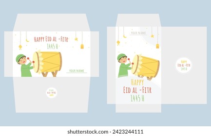 Happy Eid Mubarak money pocket, with happy little Muslim boy hitting bedug illustration. Printable Eid Al-Fitr 1445 H envelope vector.