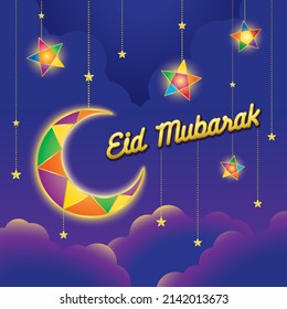 Happy Eid Mubarak with moon and star lantern decoration