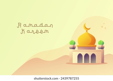 Happy Eid Mubarak with mosque illustration. Flat eid al-fitr. Islamic kids Book Illustration, Landing page templates, Banners, Card Invitation, Social media.