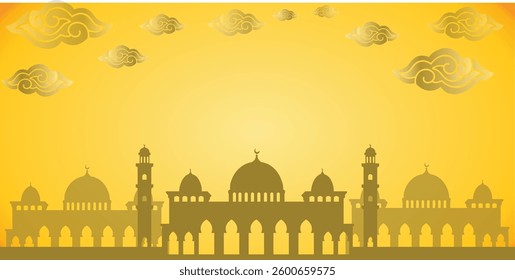 Happy Eid Mubarak. Mosque ornament with megamendung batik cloud vector illustration. Yellow happy eid mubarak poster