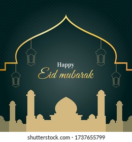 Happy Eid Mubarak with Mosque Shadow and Lanterns - EPS 10 Vector