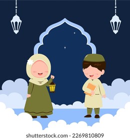 Happy eid mubarak with muslim kids, Illustration of Muslim children returning home.