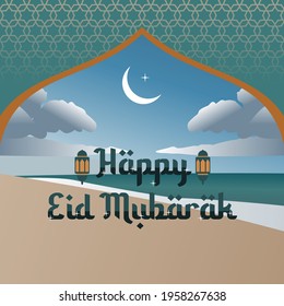 "Happy Eid Mubarak" ocean theme background. Vector design illustration