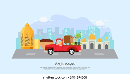 Happy eid mubarak with people character concept. Islamic design for Landing page templates, kids Book Illustration, Banners, Card Invitation, Poster and Social media.