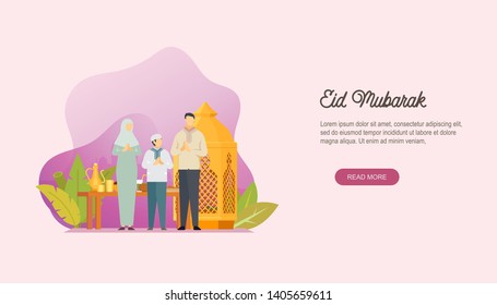 Feliz Eid Mubarak con el personaje de la gente y el concepto de farolillo. Diseño islámico para plantillas de página de aterrizaje, UI, tablero de historias, ilustración de libro, portada, carteles, invitación a tarjeta y medios sociales.