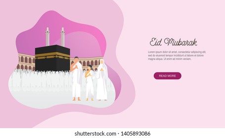 Happy Eid Mubarak With People Character And Makkah Concept. Hajj Or Umrah Illustration Design For Landing Page Templates, UI, Story Board, Book Illustration, Banners, Card Invitation And Social Media.