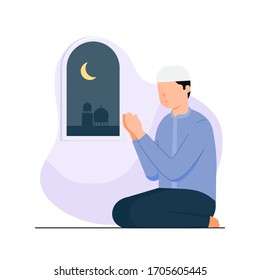 Happy eid mubarak with people character praying concept. Islamic illustration design for Landing page templates, UI, Story board, Book Illustration, Banners and Social media