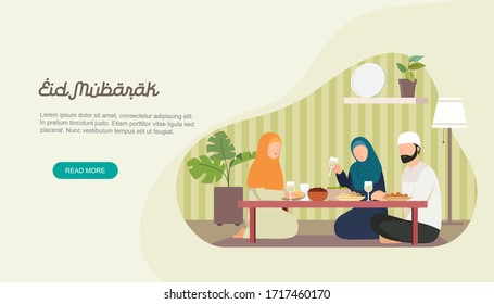 Happy eid mubarak with people character eating with family. iftar party on ramadan concept. vector illustration