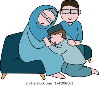 Happy eid mubarak mit Menschen Charakter Konzept. Islamisches Design für Landing-Seitenvorlagen, Kinder-Book Illustration, Banner, Card Einladung, Poster und Social Media.