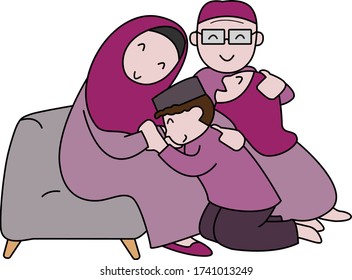 Feliz eid mubarak con el concepto de personaje de la gente. Diseño islámico para plantillas de páginas de aterrizaje, niños de la ilustración de libros, carteles, invitación a tarjetas, afiches y medios sociales.