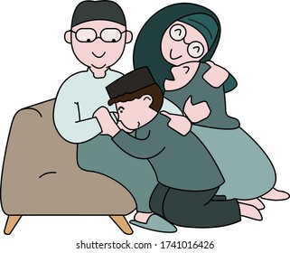 Happy eid mubarak mit Menschen Charakter Konzept. Islamisches Design für Landing-Seitenvorlagen, Kinder-Book Illustration, Banner, Card Einladung, Poster und Social Media.