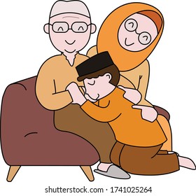 Feliz eid mubarak con el concepto de personaje de la gente. Diseño islámico para plantillas de páginas de aterrizaje, niños de la ilustración de libros, carteles, invitación a tarjetas, afiches y medios sociales.