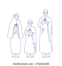 Happy eid mubarak with people character and makkah concept. Hajj or umrah illustration design of vector. Doodle illustration style.