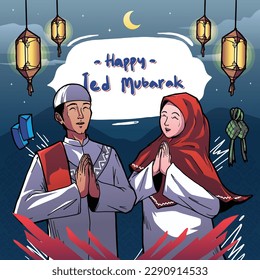 Happy eid mubarak with people character concept. Islamic design for Landing page templates, kids Book Illustration, Banners, Card Invitation, Poster and Social media