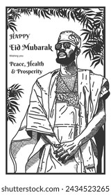 Happy Eid Mubarak poster in black and white style vector illustration.