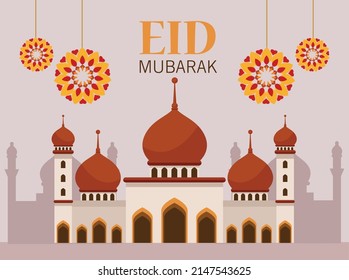 happy eid mubarak poster with mosque