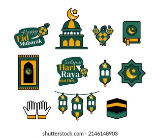 Happy eid mubarak premium icon shape. Ka'ba, qur'an, hand pray, lantern. Selamat idul fitri. Isolated vector illustration.