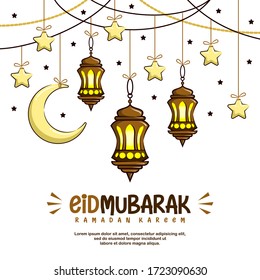 Happy Eid Mubarak. Ramadam Kareem. Islamic Lantern Moon Star, Cartoon Illustration. Muslim Festival.